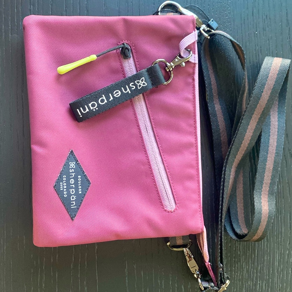 Sherpani cross body, brown and purple